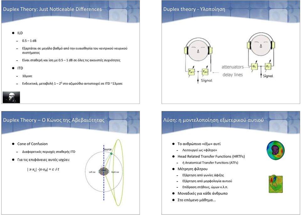 Λύση:)η)μοντελοποίηση)εξωτερικού)αυτιού Cone)of)Confusion " Διαφορετικές)περιοχές)σταθερής)ITD Για)τις)επιφάνειες)αυτές)ισχύει: Το)ανθρώπινο)«έξω»)αυτί " Λειτουργεί)ως)«φίλτρο»