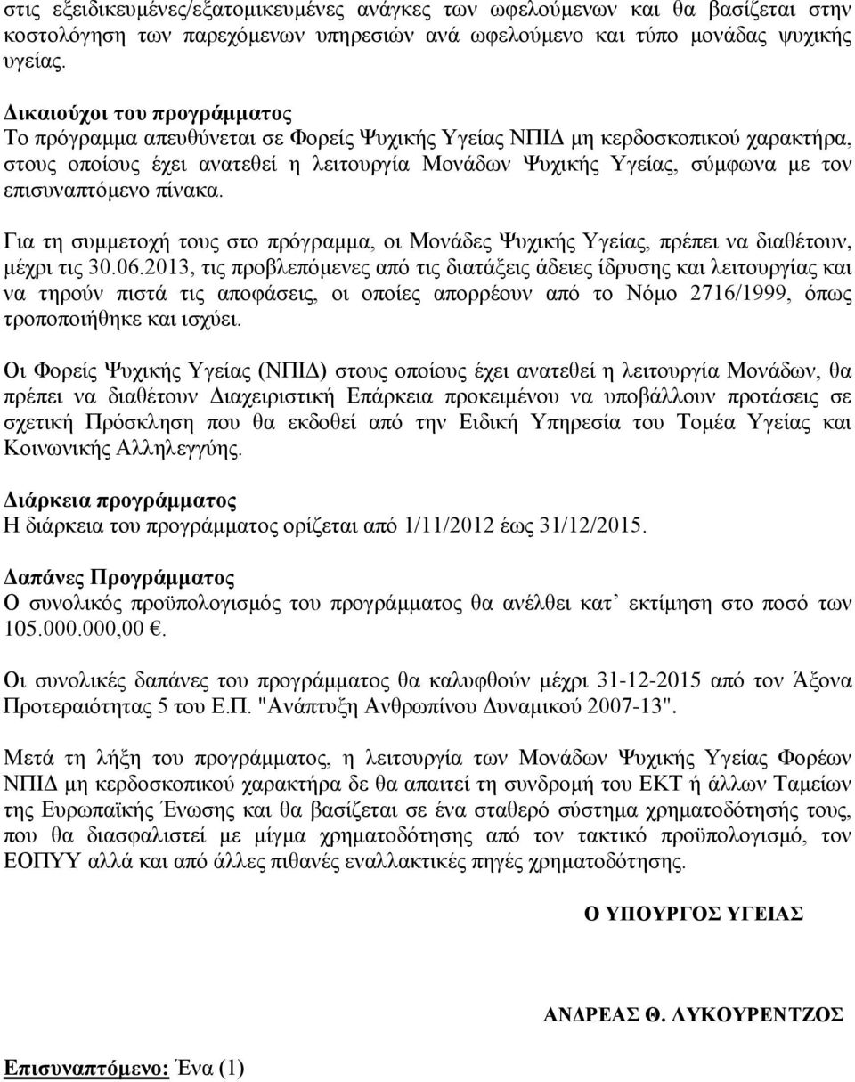 επισυναπτόμενο πίνακα. Για τη συμμετοχή τους στο πρόγραμμα, οι Μονάδες Ψυχικής Υγείας, πρέπει να διαθέτουν, μέχρι τις 30.06.