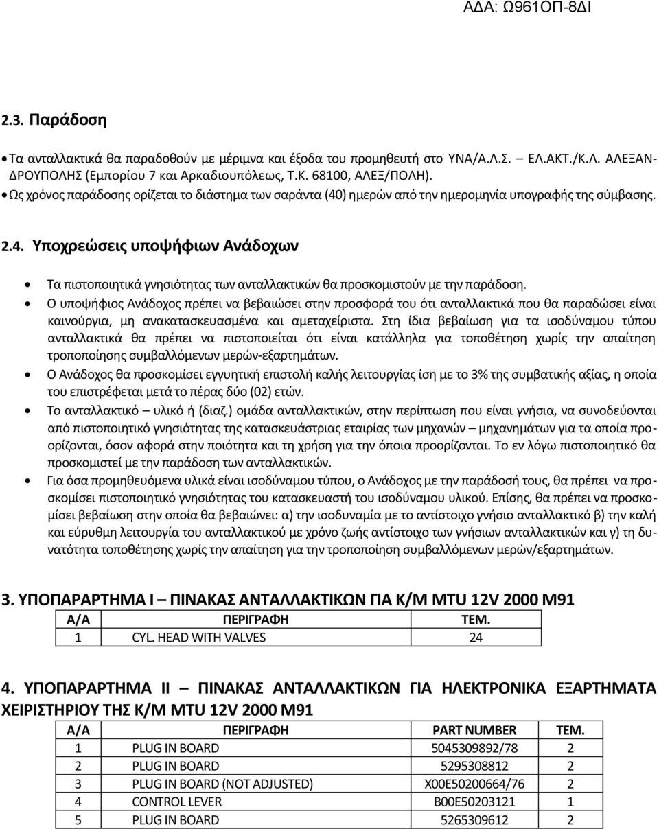 Ο υποψήφιος Ανάδοχος πρέπει να βεβαιώσει στην προσφορά του ότι ανταλλακτικά που θα παραδώσει είναι καινούργια, μη ανακατασκευασμένα και αμεταχείριστα.