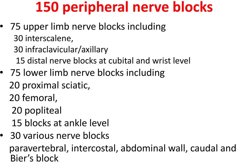 nerve blocks including 20 proximal sciatic, 20 femoral, 20 popliteal 15 blocks at ankle