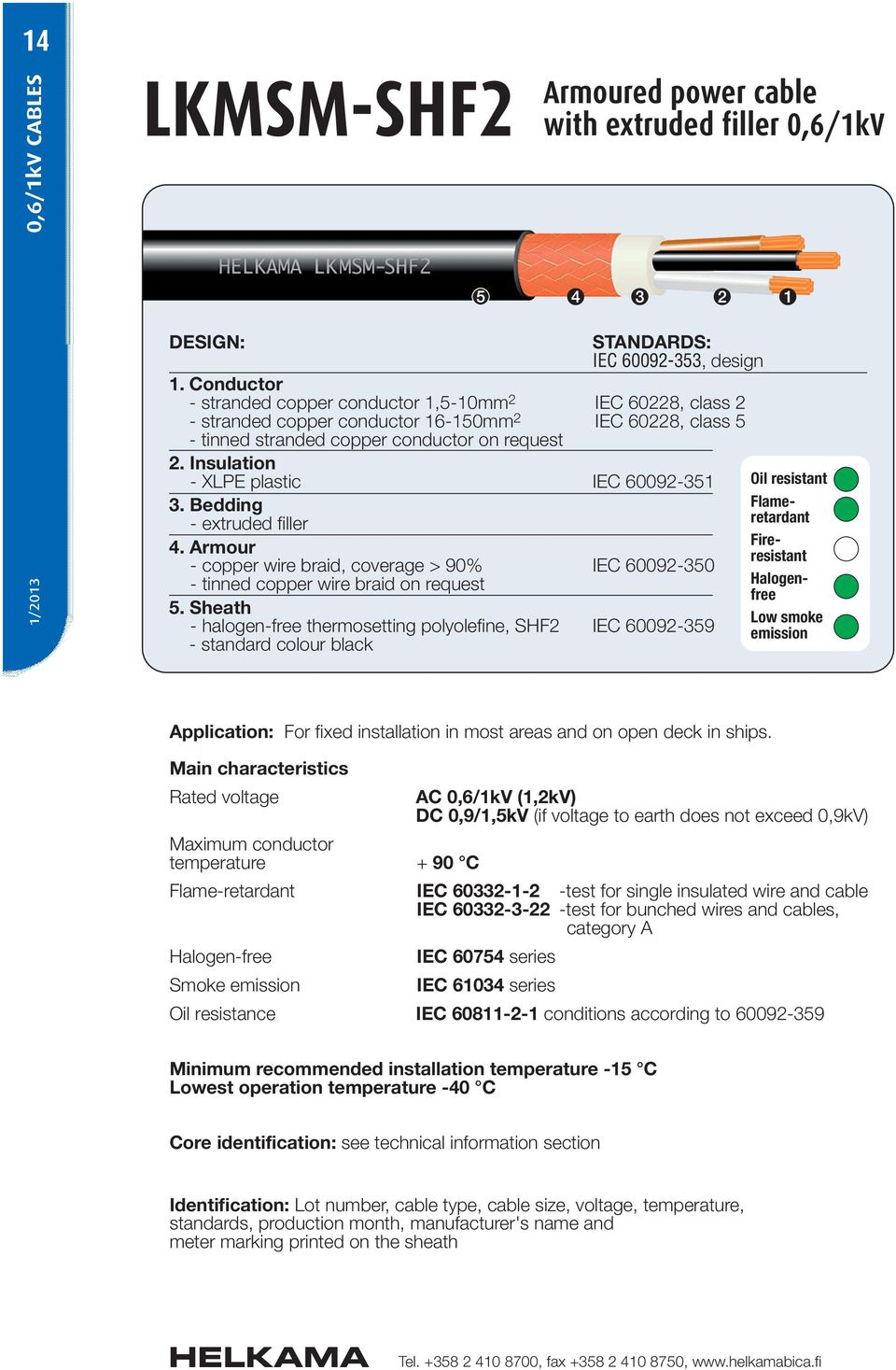 Insulation - XLPE plastic IEC 60092-351 Oil resistant 3. Bedding Flameretardant - extruded filler Fireresistant 4.