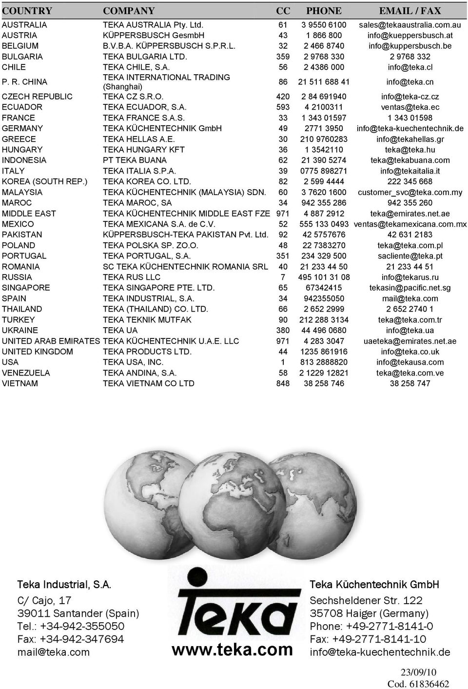 P.A. KOREA (SOUTH REP.) TEKA KOREA CO. LTD. MALAYSIA TEKA KÜCHENTECHNIK (MALAYSIA) SD MAROC TEKA MAROC, SA MIDDLE EAST TEKA KÜCHENTECHNIK MIDDLE EAST MEXICO TEKA MEXICANA S.A. de C.V.