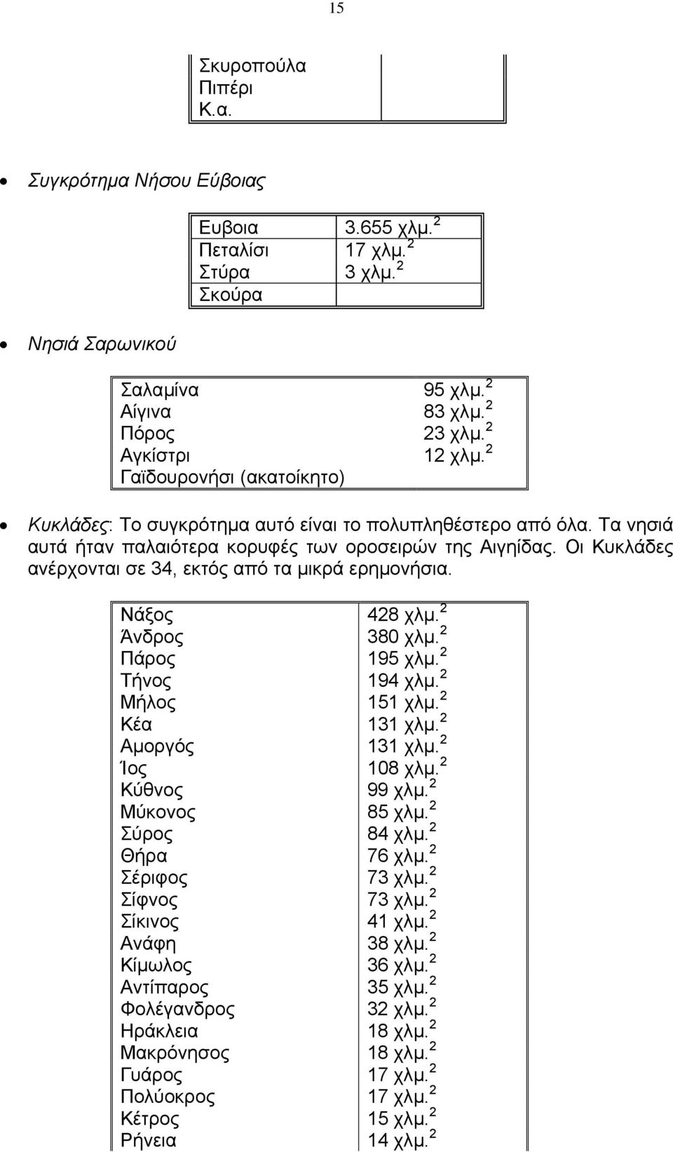 Οι Κυκλάδες ανέρχονται σε 34, εκτός από τα µικρά ερηµονήσια. Νάξος 428 χλµ. 2 Άνδρος 380 χλµ. 2 Πάρος 195 χλµ. 2 Τήνος 194 χλµ. 2 Μήλος 151 χλµ. 2 Κέα 131 χλµ. 2 Αµοργός 131 χλµ. 2 Ίος 108 χλµ.