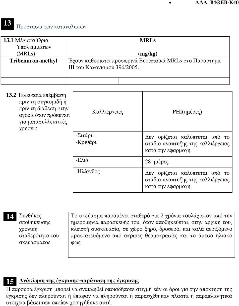 2 Τελευταία επέμβαση πριν τη συγκομιδή ή πριν τη διάθεση στην αγορά όταν πρόκειται για μετασυλλεκτικές χρήσεις -Σιτάρι -Κριθάρι -Ελιά -Ηλίανθος Καλλιέργειες PHI(ημέρες) Δεν ορίζεται καλύπτεται από το