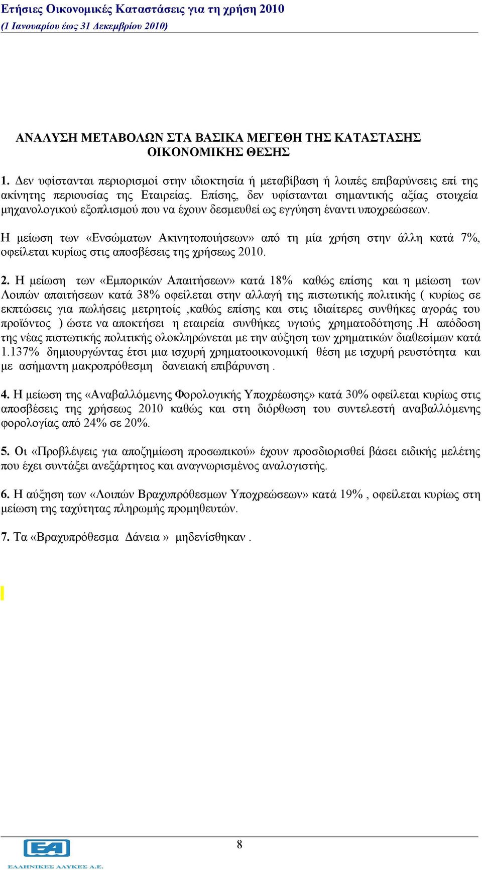 Η μείωση των «Ενσώματων Ακινητοποιήσεων» από τη μία χρήση στην άλλη κατά 7%, οφείλεται κυρίως στις αποσβέσεις της χρήσεως 20