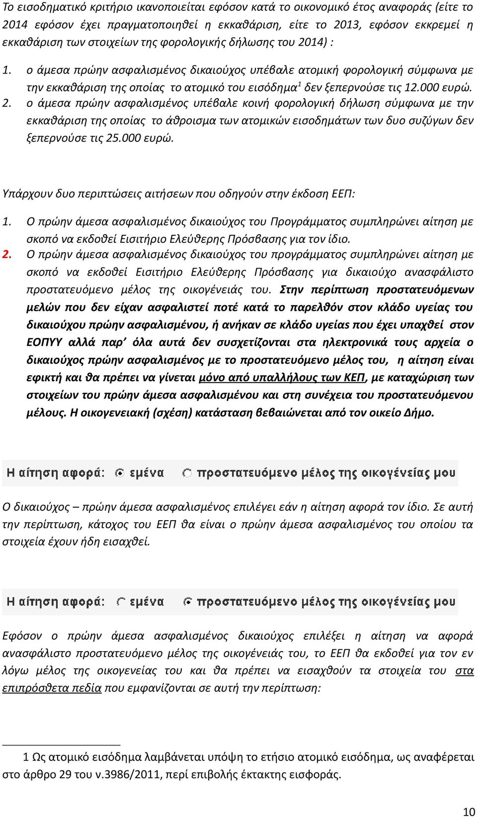 ο άμεσα πρώην ασφαλισμένος υπέβαλε κοινή φορολογική δήλωση σύμφωνα με την εκκαθάριση της οποίας το άθροισμα των ατομικών εισοδημάτων των δυο συζύγων δεν ξεπερνούσε τις 25.000 ευρώ.