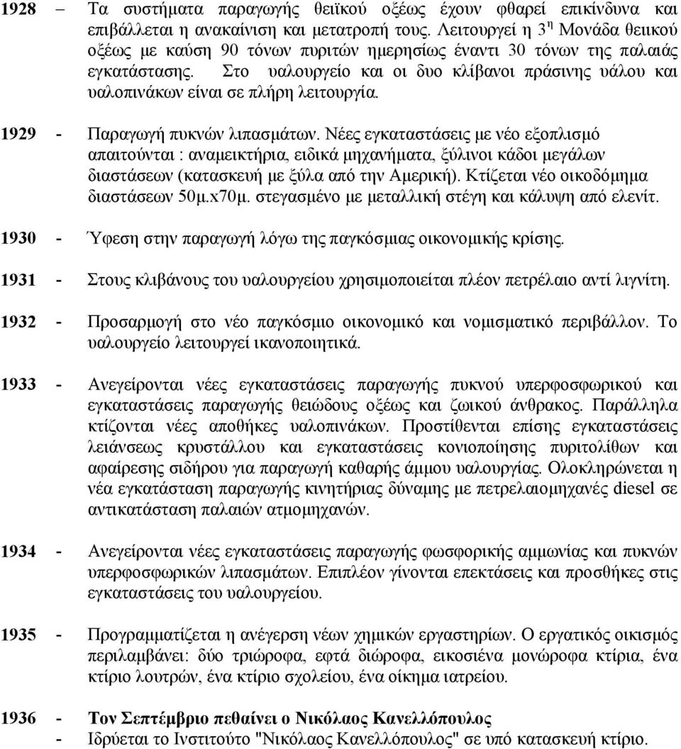 Στο υαλουργείο και οι δυο κλίβανοι πράσινης υάλου και υαλοπινάκων είναι σε πλήρη λειτουργία. 1929 - Παραγωγή πυκνών λιπασµάτων.