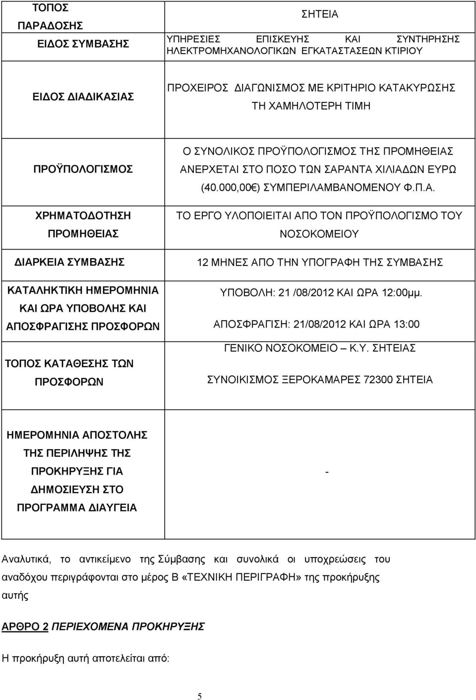 ΑΝΕΡΧΕΤΑΙ ΣΤΟ ΠΟΣΟ ΤΩΝ ΣΑΡΑΝΤΑ ΧΙΛΙΑ ΩΝ ΕΥΡΩ (40.000,00 ) ΣΥΜΠΕΡΙΛΑΜΒΑΝΟΜΕΝΟΥ Φ.Π.Α. ΤΟ ΕΡΓΟ ΥΛΟΠΟΙΕΙΤΑΙ ΑΠΟ ΤΟΝ ΠΡΟΫΠΟΛΟΓΙΣΜΟ ΤΟΥ ΝΟΣΟΚΟΜΕΙΟΥ 12 ΜΗΝΕΣ ΑΠΟ ΤΗΝ ΥΠΟΓΡΑΦΗ ΤΗΣ ΣΥΜΒΑΣΗΣ ΥΠΟΒΟΛΗ: 21 /08/2012 ΚΑΙ ΩΡΑ 12:00µµ.