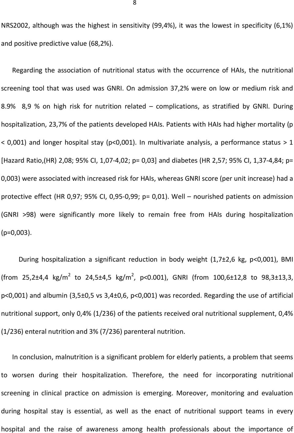 9% 8,9 % on high risk for nutrition related complications, as stratified by GNRI. During hospitalization, 23,7% of the patients developed HAIs.