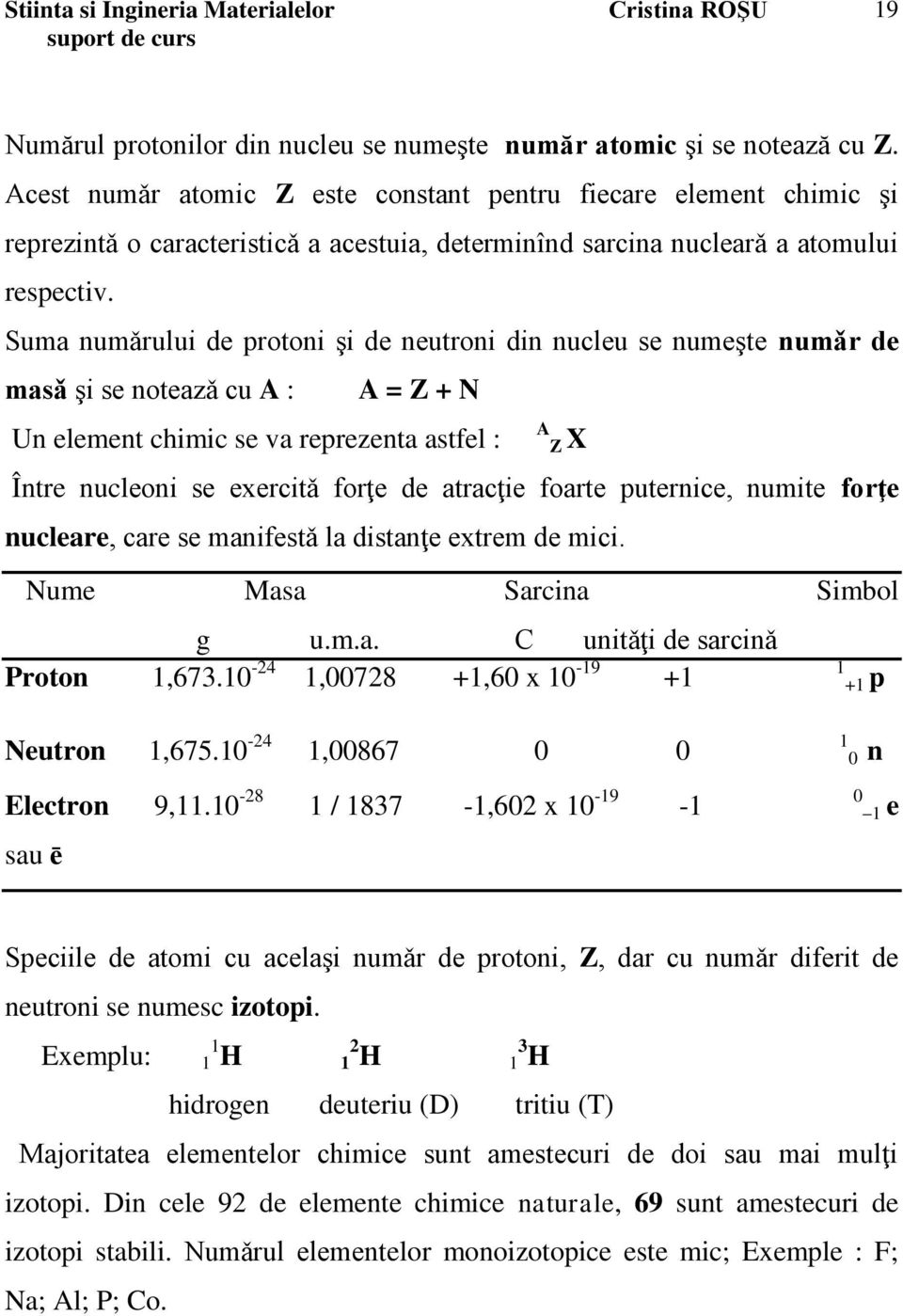 Suma numǎrului de protoni şi de neutroni din nucleu se numeşte numǎr de masǎ şi se noteazǎ cu A : A = Z + N Un element chimic se va reprezenta astfel : A Z X Între nucleoni se exercitǎ forţe de