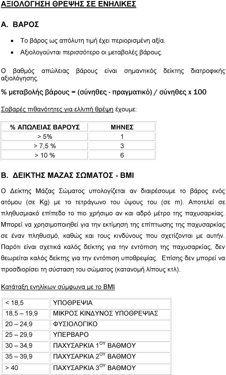 % μεταβολής βάρους = (σύνηθες - πραγματικό) / σύνηθες x 100 νβαξέο πηζαλόηεηεο γηα ειιηπή ζξέςε έρνπκε: % ΑΠΧΛΔΗΑ ΒΑΡΟΤ ΜΖΝΔ > 5% 1 > 7,5 % 3 > 10 % 6 Β.