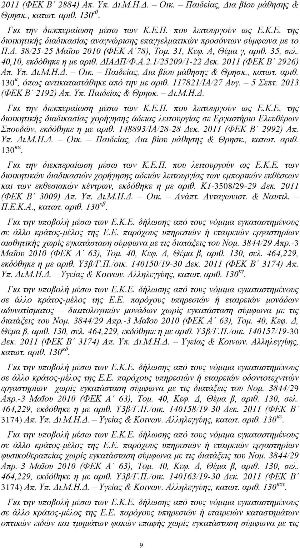 Παιδείας, Δια βίου μάθησης & Θρησκ., κατωτ. αριθ. 130 κ, όπως αντικαταστάθηκε από την με αριθ. 117821/ΙΑ/27 Αυγ. 5 Σεπτ. 2013 (ΦΕΚ Β 2192) Απ. Υπ. Παιδείας & Θρησκ. Δι.Μ.Η.Δ. Για την διεκπεραίωση μέσω των Κ.