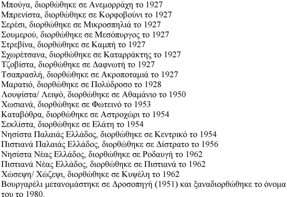 διορθώθηκε σε Αθαµάνιο το 1950 Χωσιανά, διορθώθηκε σε Φωτεινό το 1953 Καταβόθρα, διορθώθηκε σε Αστροχώρι το 1954 Σεκλίστα, διορθώθηκε σε Ελάτη το 1954 Νησίστα Παλαιάς Ελλάδος, διορθώθηκε σε Κεντρικό