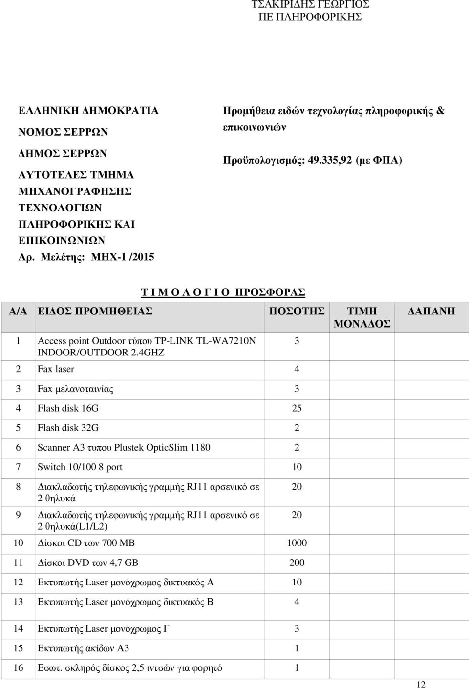 335,92 (µε ΦΠΑ) Τ Ι Μ Ο Λ Ο Γ Ι Ο ΠΡΟΣΦΟΡΑΣ Α/Α ΕΙ ΟΣ ΠΡΟΜΗΘΕΙΑΣ ΠΟΣΟΤΗΣ ΤΙΜΗ ΜΟΝΑ ΟΣ 1 Access point Outdoor τύπου TP-LINK TL-WA7210N INDOOR/OUTDOOR 2.