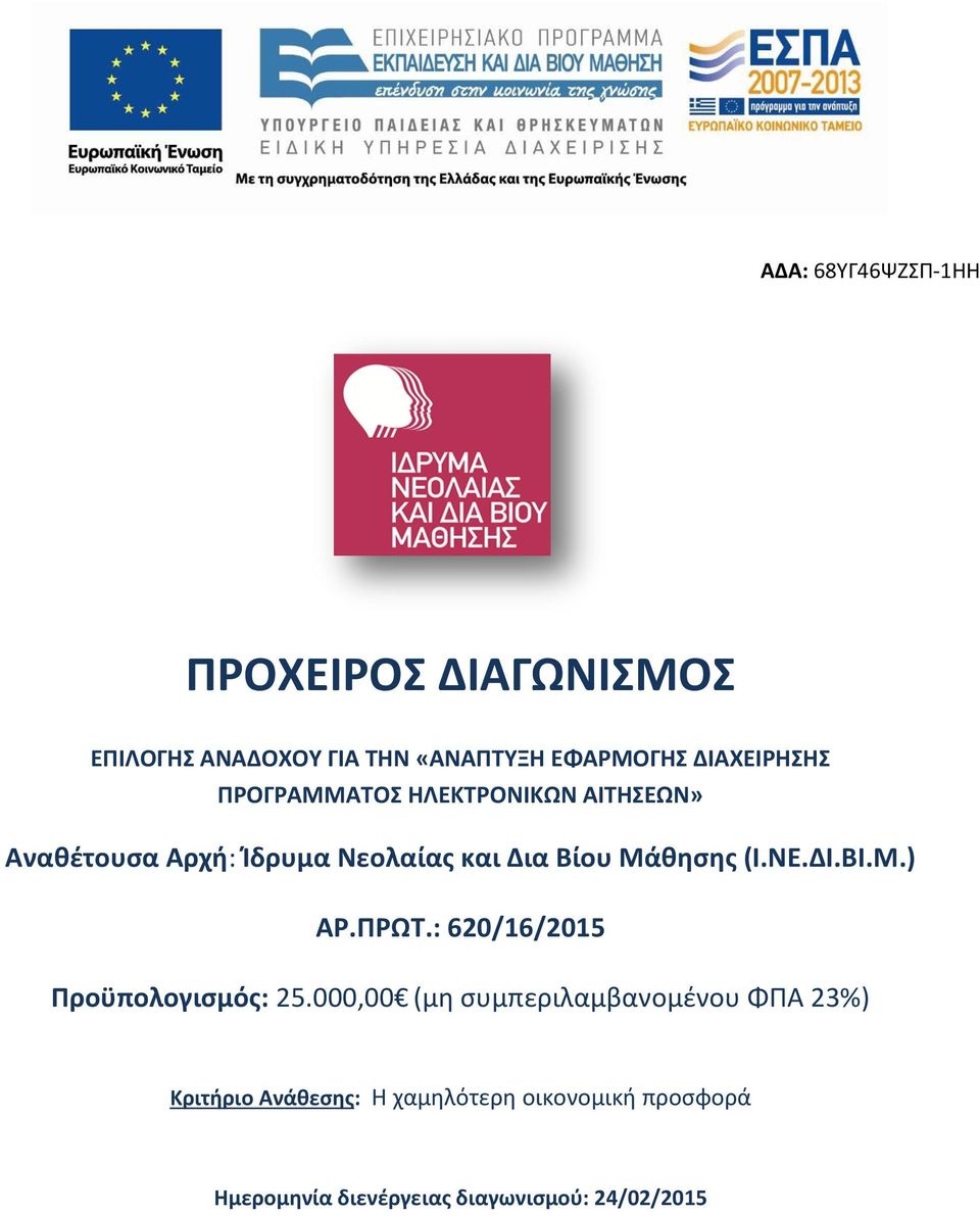 (Ι.ΝΕ.ΔΙ.ΒΙ.Μ.) ΑΡ.ΠΡΩΤ.: 620/16/2015 Προϋπολογισμός: 25.