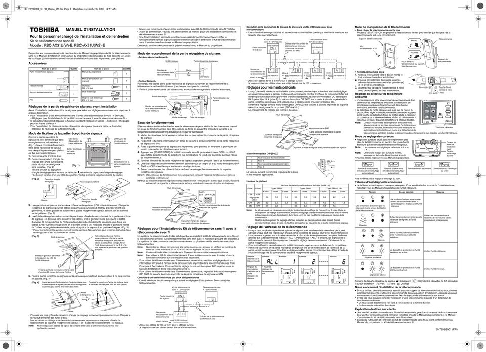 les mesures de sécurité décrites dans le Manuel du propriétaire du Kit de télécommande sans fil, le Manuel d installation et le Manuel du propriétaire du climatiseur de type cassette à voies de