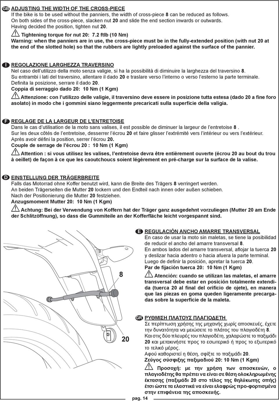 2 ftlb (10 Nm) Warning: when the panniers are in use, the cross-piece must be in the fully-extended position (with nut 20 at the end of the slotted hole) so that the rubbers are lightly preloaded