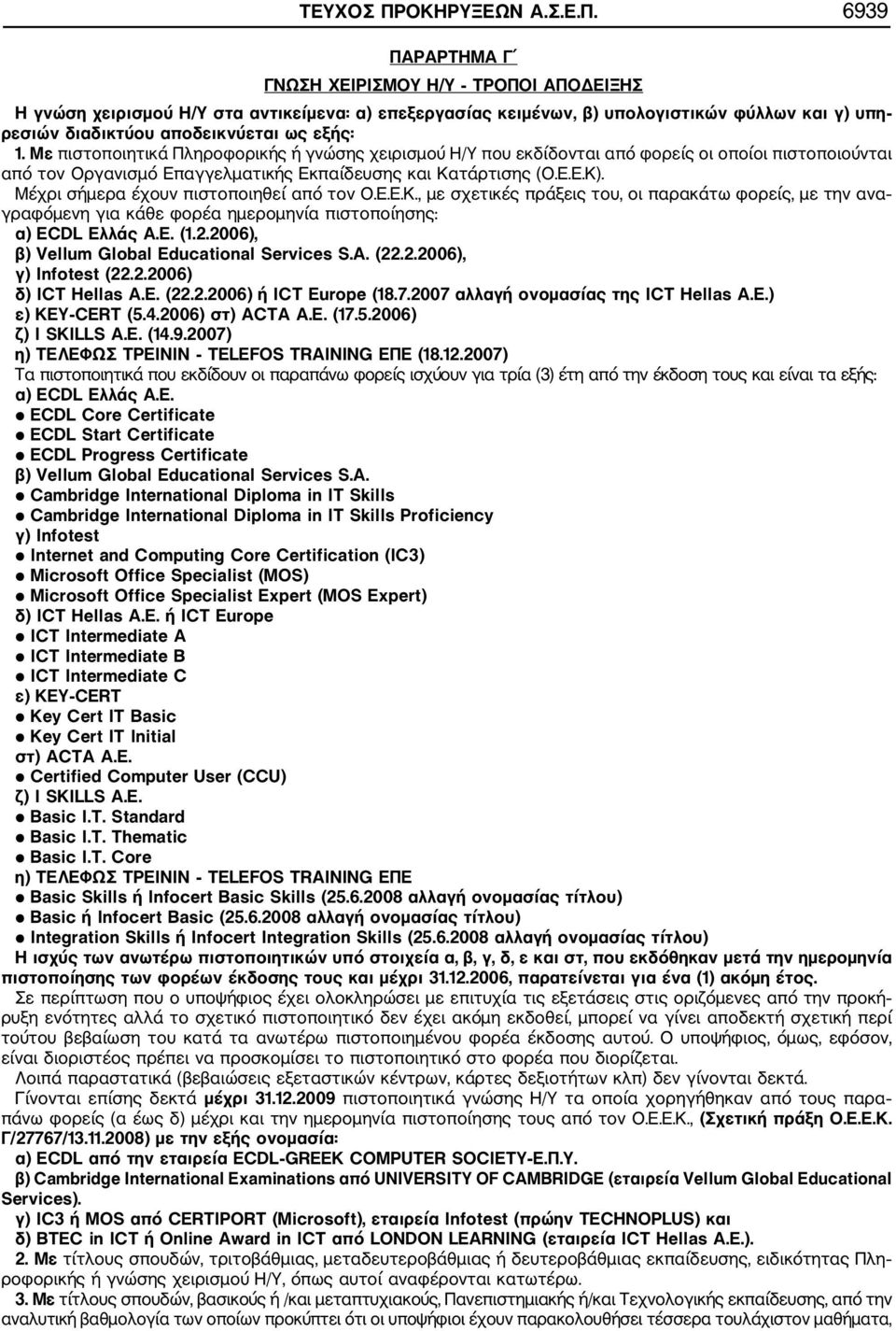 6939 ΠΑΡΑΡΤΗΜΑ Γ ΓΝΩΣΗ ΧΕΙΡΙΣΜΟΥ Η/Υ ΤΡΟΠΟΙ ΑΠΟΔΕΙΞΗΣ Η γνώση χειρισμού Η/Υ στα αντικείμενα: α) επεξεργασίας κειμένων, β) υπολογιστικών φύλλων και γ) υπη ρεσιών διαδικτύου αποδεικνύεται ως εξής: 1.