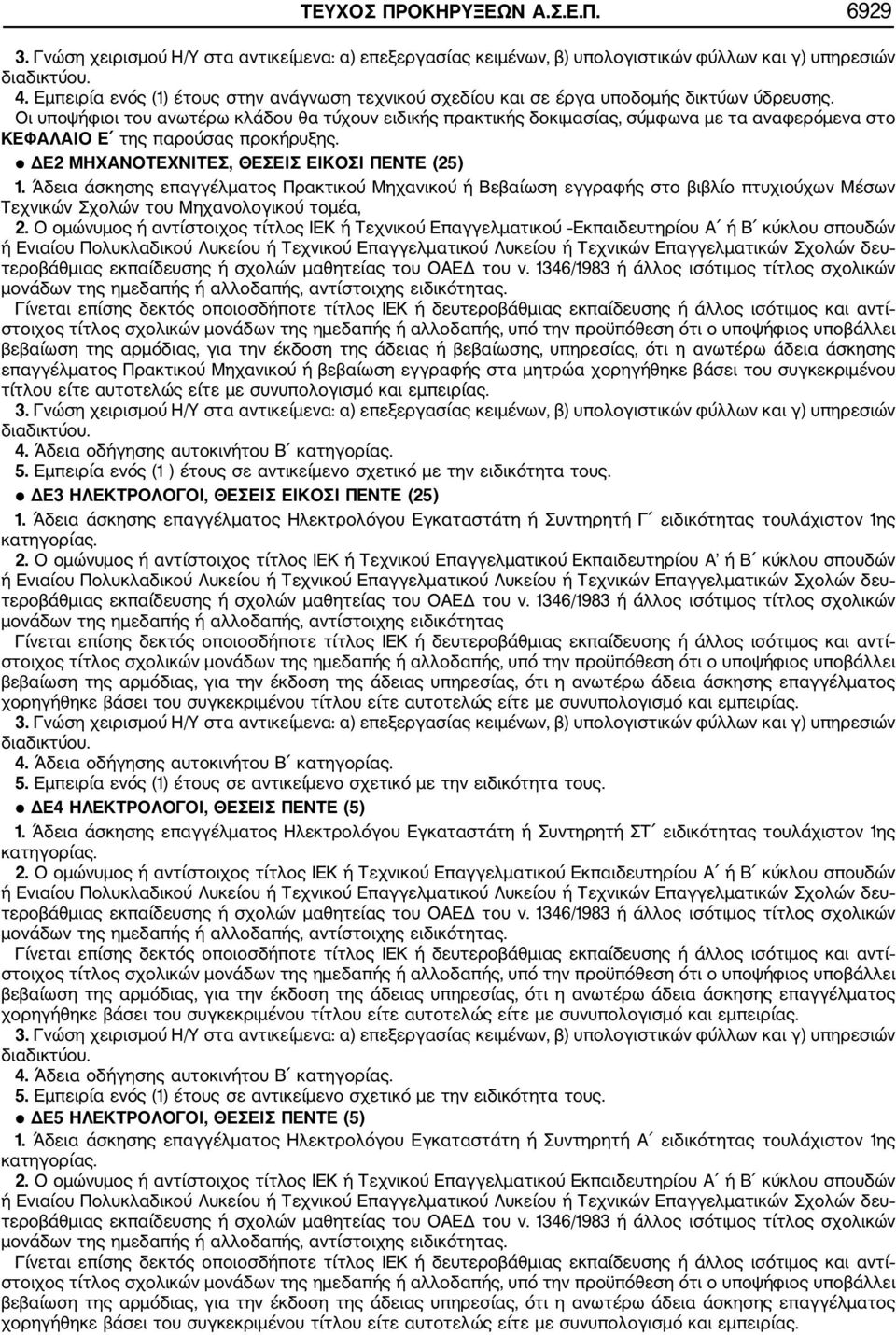 Οι υποψήφιοι του ανωτέρω κλάδου θα τύχουν ειδικής πρακτικής δοκιμασίας, σύμφωνα με τα αναφερόμενα στο ΚΕΦΑΛΑΙΟ Ε της παρούσας προκήρυξης. ΔΕ2 ΜΗΧΑΝΟΤΕΧΝΙΤΕΣ, ΘΕΣΕΙΣ ΕΙΚΟΣΙ ΠΕΝΤΕ (25) 1.