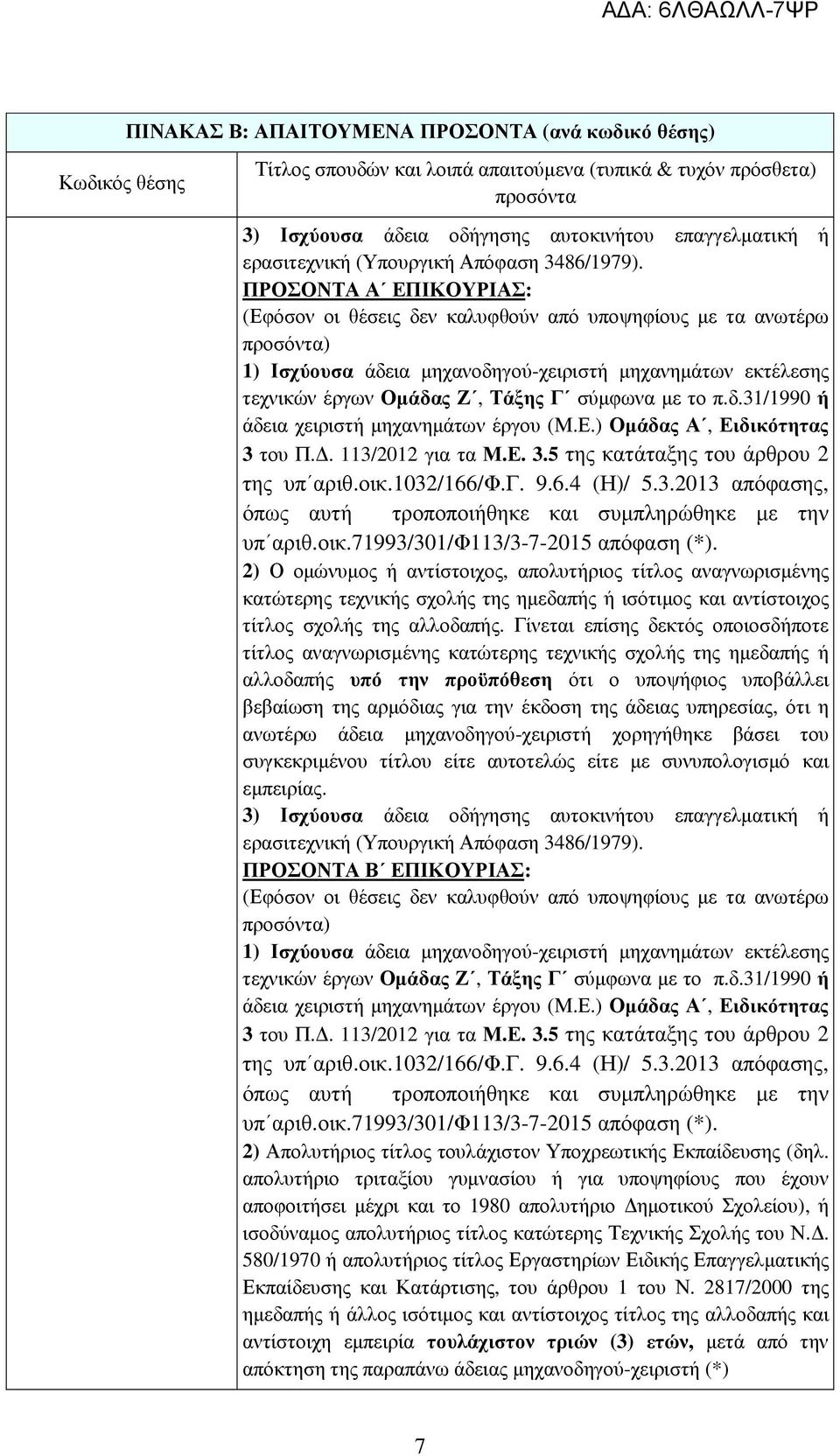 Ε.) Οµάδας Α, Ειδικότητας 3 του Π.. 113/2012 για τα Μ.Ε. 3.5 της κατάταξης του άρθρου 2 της υπ αριθ.οικ.1032/166/φ.γ. 9.6.4 (Η)/ 5.3.2013 απόφασης, όπως αυτή τροποποιήθηκε και συµπληρώθηκε µε την υπ αριθ.