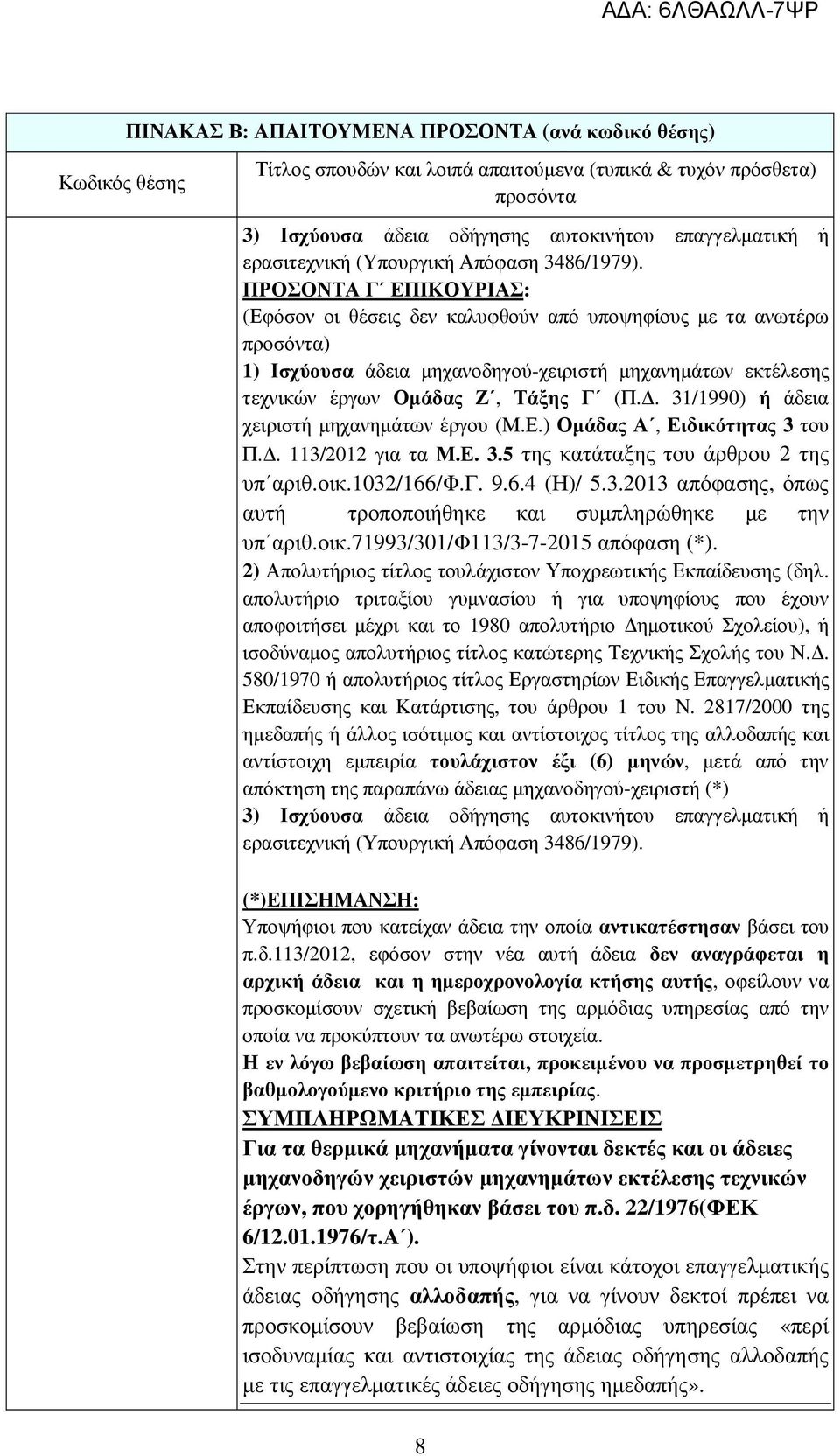 . 31/1990) ή άδεια χειριστή µηχανηµάτων έργου (Μ.Ε.) Οµάδας Α, Ειδικότητας 3 του Π.. 113/2012 για τα Μ.Ε. 3.5 της κατάταξης του άρθρου 2 της υπ αριθ.οικ.1032/166/φ.γ. 9.6.4 (Η)/ 5.3.2013 απόφασης, όπως αυτή τροποποιήθηκε και συµπληρώθηκε µε την υπ αριθ.