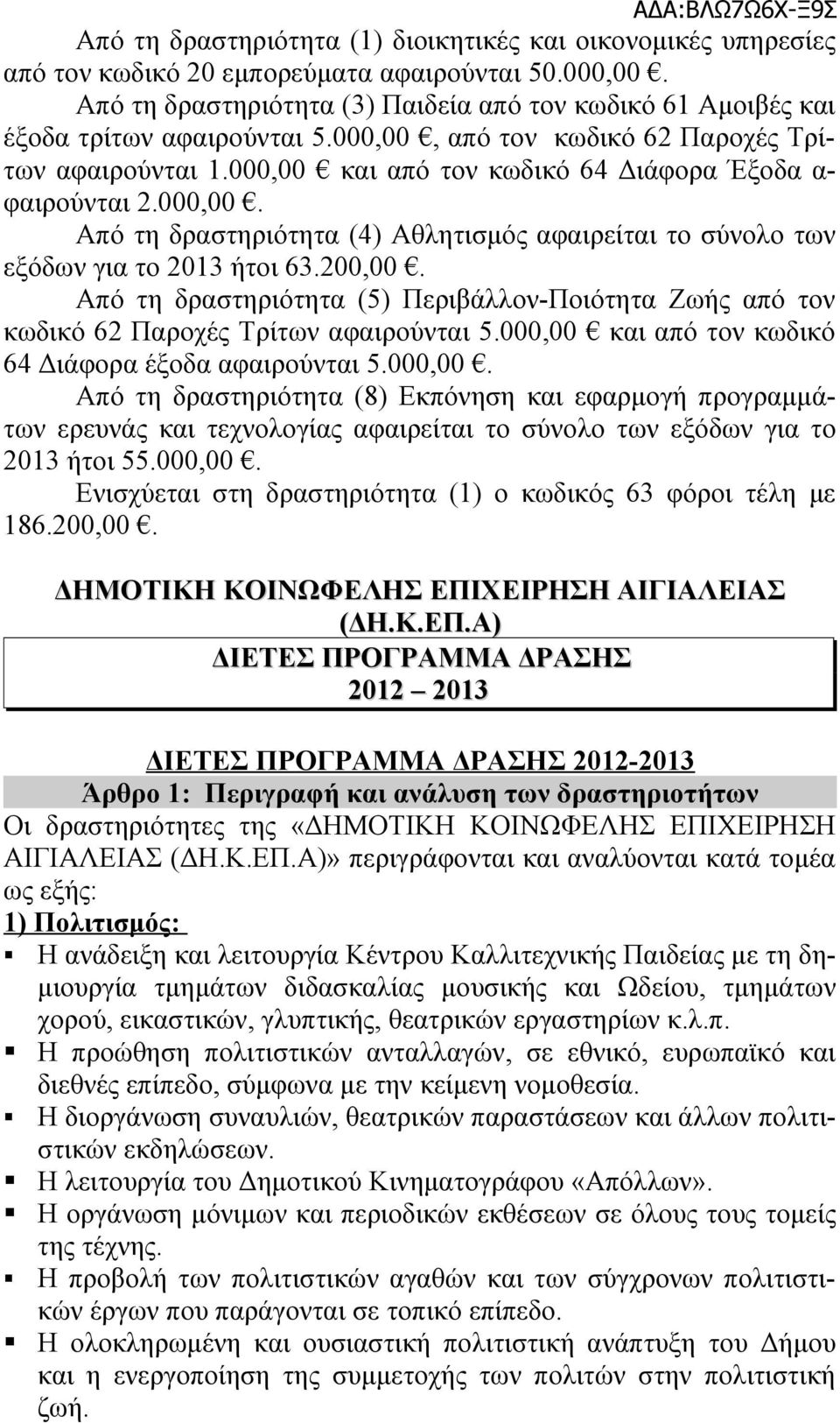 000,00 και από τον κωδικό 64 Διάφορα Έξοδα α- φαιρούνται 2.000,00. Από τη δραστηριότητα (4) Αθλητισμός αφαιρείται το σύνολο των εξόδων για το 2013 ήτοι 63.200,00.