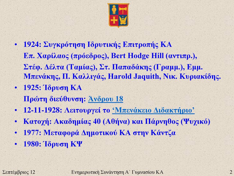 1925: Ίδρυση ΚΑ Πρώτη διεύθυνση: Άνδρου 18 12-11-1928: Λειτουργεί το Μπενάκειο Διδακτήριο Κατοχή: Ακαδημίας 40