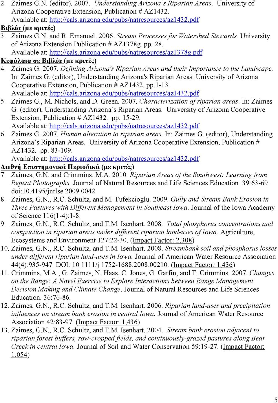 pdf Κεφάλαια σε Βιβλία (µε κριτές) 4. Zaimes G. 2007. Defining Arizona's Riparian Areas and their Importance to the Landscape. In: Zaimes G. (editor), Understanding Arizona's Riparian Areas.