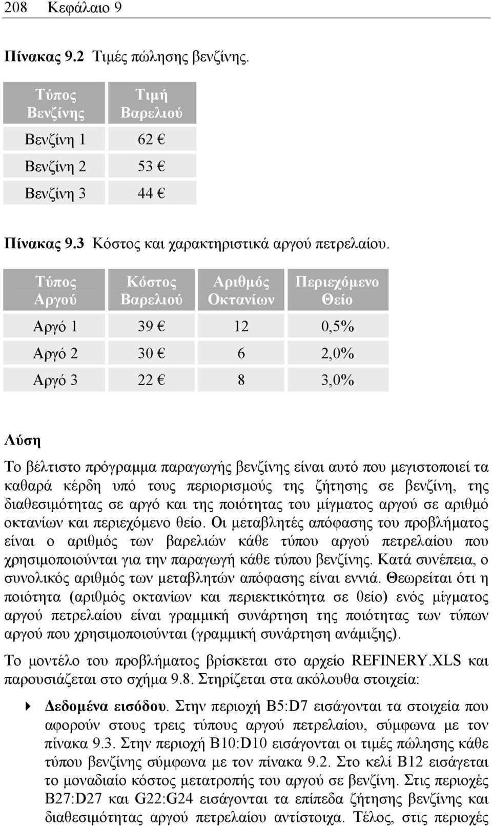 κέρδη υπό τους περιορισµούς της ζήτησης σε βενζίνη, της διαθεσιµότητας σε αργό και της ποιότητας του µίγµατος αργού σε αριθµό οκτανίων και περιεχόµενο θείο.