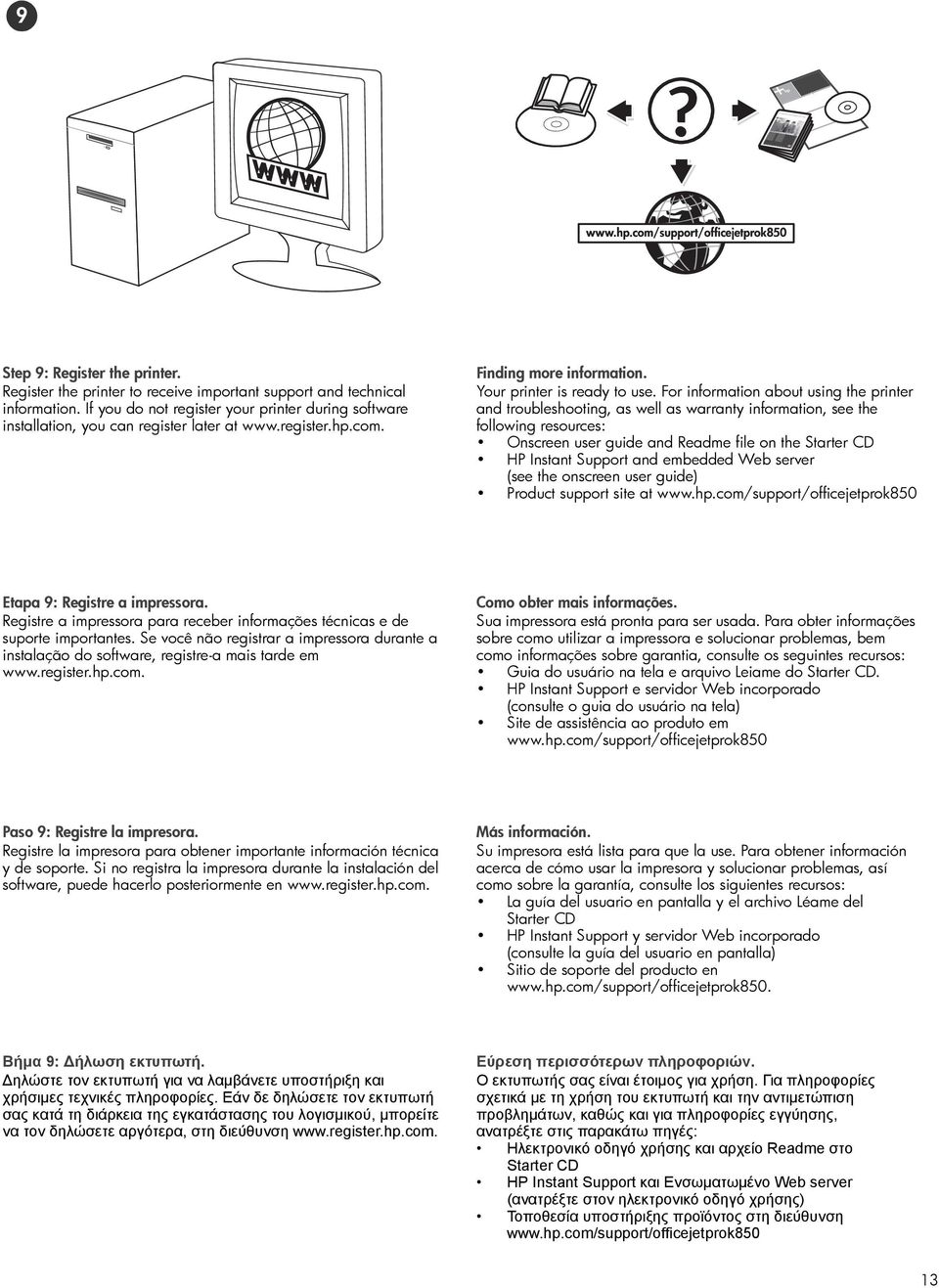 For information about using the printer and troubleshooting, as well as warranty information, see the following resources: Onscreen user guide and Readme file on the Starter CD HP Instant Support and