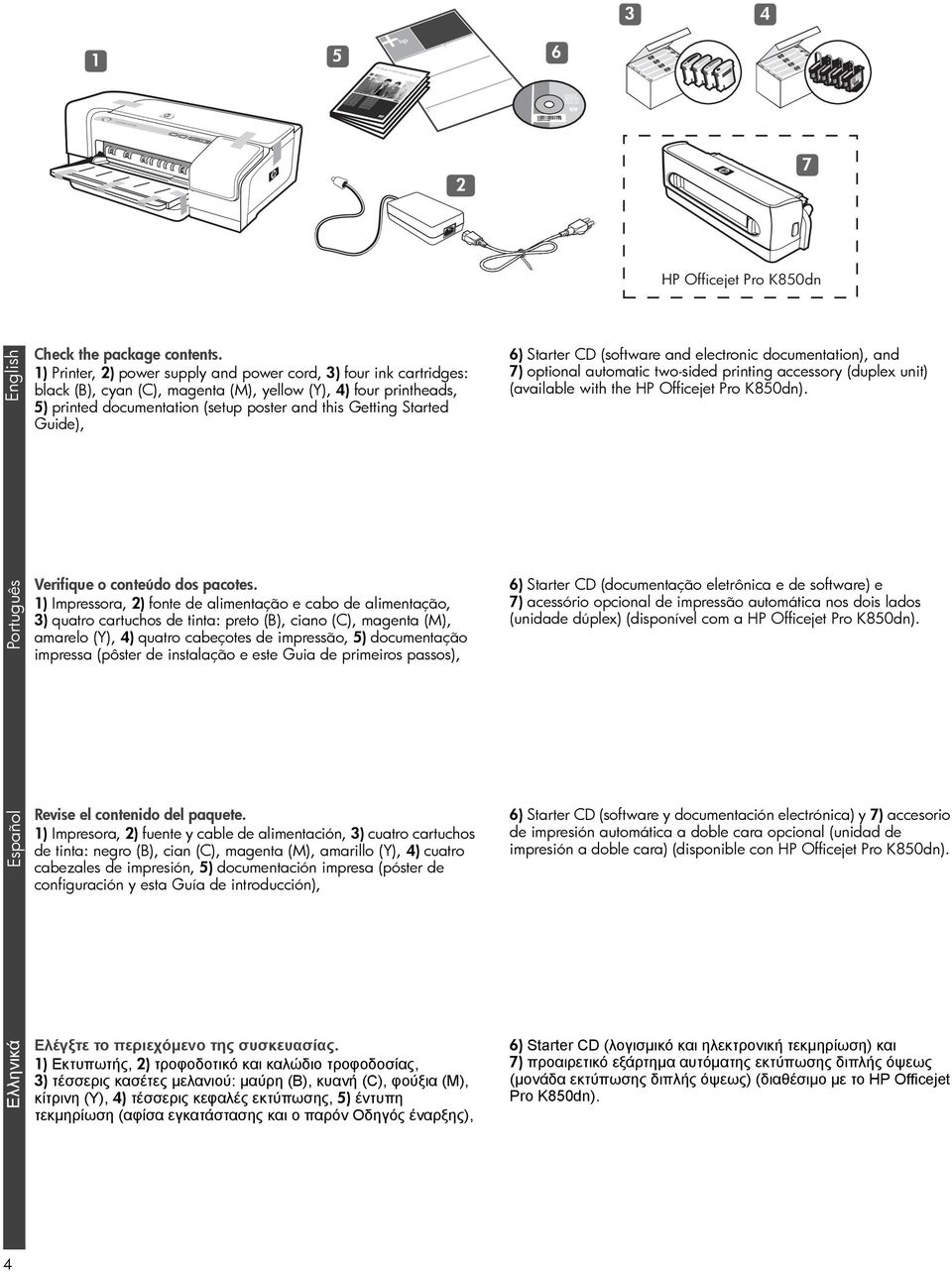 Guide), 6) Starter CD (software and electronic documentation), and 7) optional automatic two-sided printing accessory (duplex unit) (available with the HP Officejet Pro K850dn).