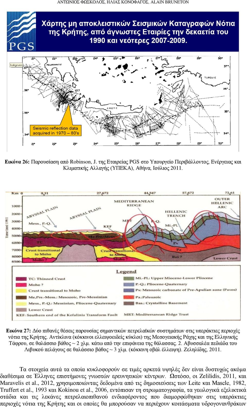 Αντίκλινα (κόκκινοι ελλειψοειδείς κύκλοι) της Μεσογειακής Ράχης και της Ελληνικής Τάφρου, σε θαλάσσιο βάθος ~ 2 χλμ. κάτω από την επιφάνεια της θάλασσας. 2. Αβυσσαλέα πεδιάδα του Λιβυκού πελάγους σε θαλάσσιο βάθος ~ 3 χλμ.