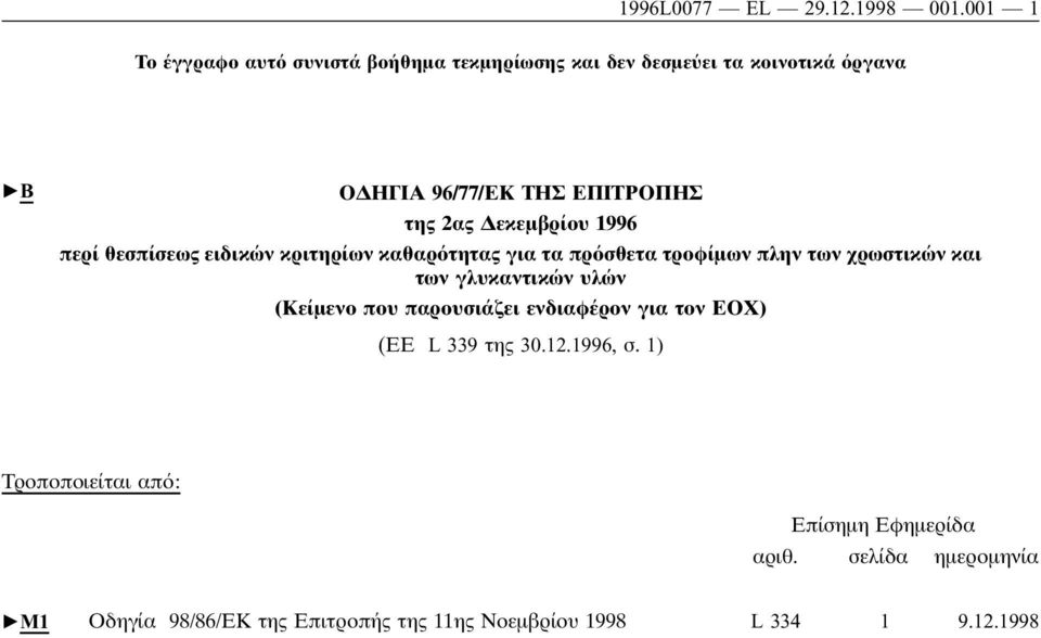 εκεµβρίου 1996 περί θεσπίσεως ειδικών κριτηρίων καθαρ τητας για τα πρ σθετα τροφίµων πλην των χρωστικών και των γλυκαντικών