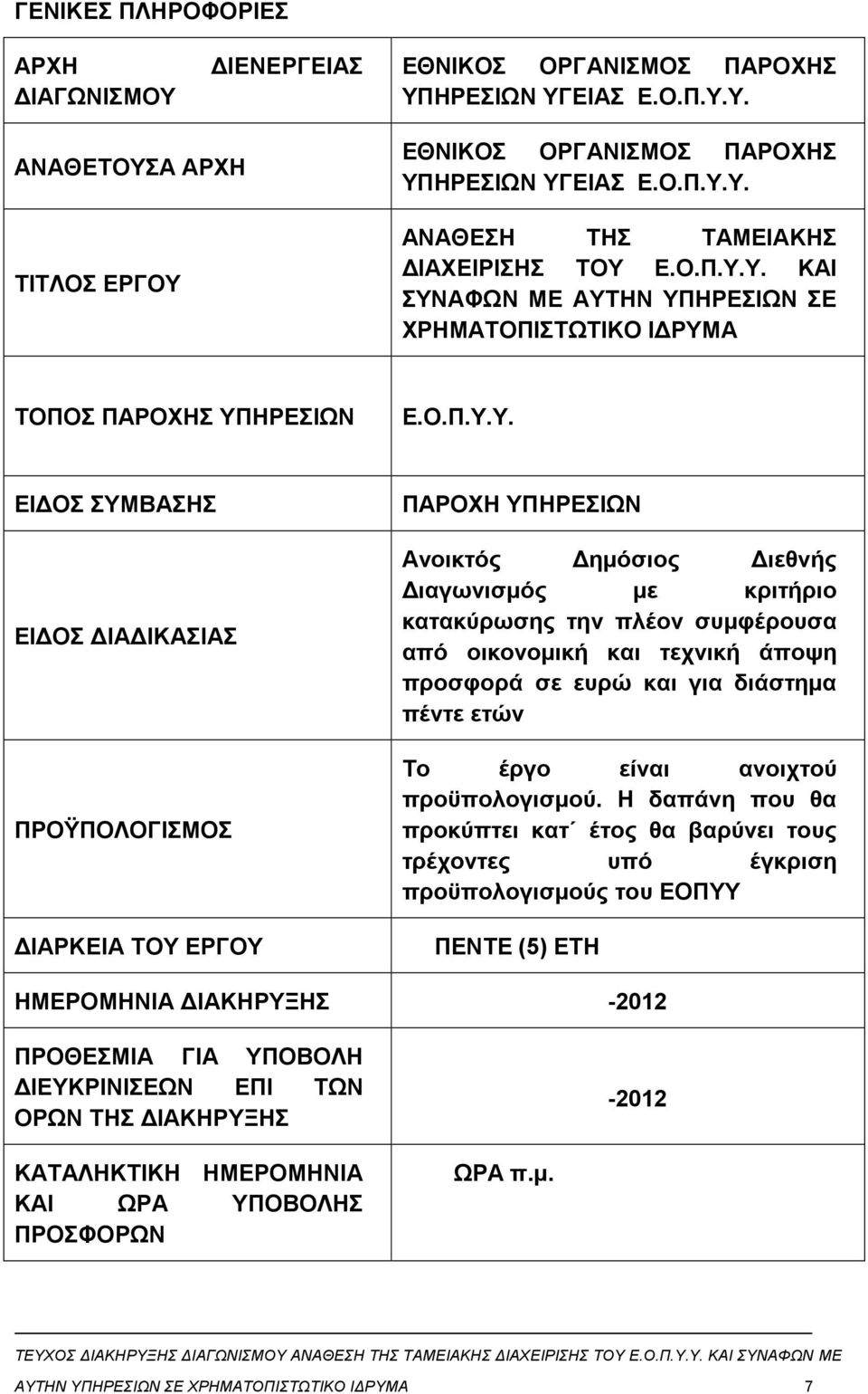 Υ. ΚΑΙ ΣΥΝΑΦΩΝ ME AYTHN ΥΠΗΡΕΣΙΩΝ ΣΕ ΧΡΗΜΑΤΟΠΙΣΤΩΤΙΚΟ ΙΔΡΥΜΑ ΤΟΠΟΣ ΠΑΡΟΧΗΣ ΥΠΗΡΕΣΙΩΝ Ε.Υ. ΕΙΔΟΣ ΣΥΜΒΑΣΗΣ ΕΙΔΟΣ ΔΙΑΔΙΚΑΣΙΑΣ ΠΡΟΫΠΟΛΟΓΙΣΜΟΣ ΔΙΑΡΚΕΙΑ ΤΟΥ ΕΡΓΟΥ ΠΑΡΟΧΗ ΥΠΗΡΕΣΙΩΝ Ανοικτός Δημόσιος Διεθνής