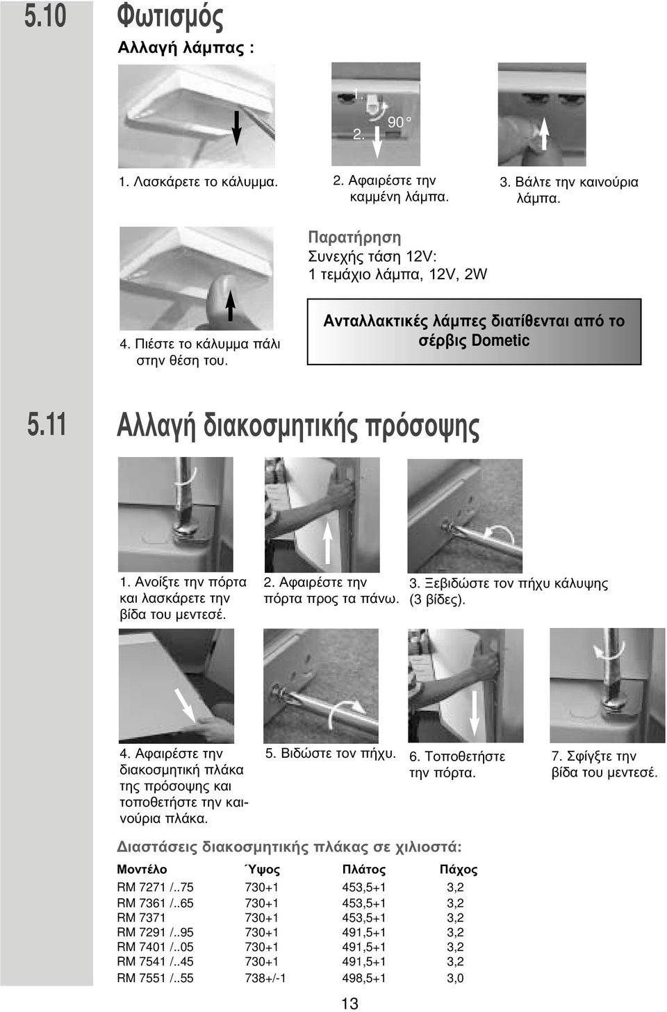 Αφαιρέστε την πόρτα προς τα πάνω. 3. Ξεβιδώστε τον πήχυ κάλυψης (3 βίδες). 4. Αφαιρέστε την διακοσ ητική πλάκα της πρόσοψης και τοποθετήστε την καινούρια πλάκα. 5. Βιδώστε τον πήχυ. 6.