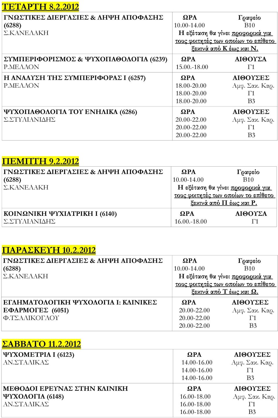 2.2012 ΕΓΛΗΜΑΤΟΛΟΓΙΚΗ ΨΥΧΟΛΟΓΙΑ Ι: ΚΛΙΝΙΚΕΣ ΕΦΑΡΜΟΓΕΣ (6051) Φ.ΤΣΑΛΙΚΟΓΛΟΥ ΣΑΒΒΑΤΟ 11.2.2012 ΨΥΧΟΜΕΤΡΙΑ Ι (6123) ΑΝ.