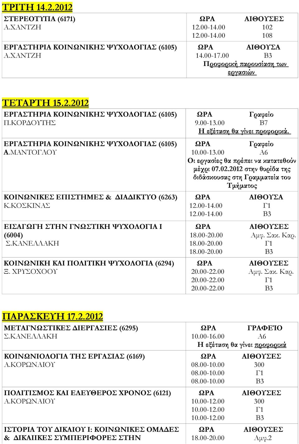 2012 στην θυρίδα της διδάσκουσας στη Γραμματεία του Τμήματος 12.00-14.00 Γ1 12.00-14.00 Β3 ΠΑΡΑΣΚΕΥΗ 17.2.2012 ΜΕΤΑΓΝΩΣΤΙΚΕΣ ΔΙΕΡΓΑΣΙΕΣ (6295) Σ.ΚΑΝΕΛΛΑΚΗ ΚΟΙΝΩΝΙΟΛΟΓΙΑ ΤΗΣ ΕΡΓΑΣΙΑΣ (6169) Α.