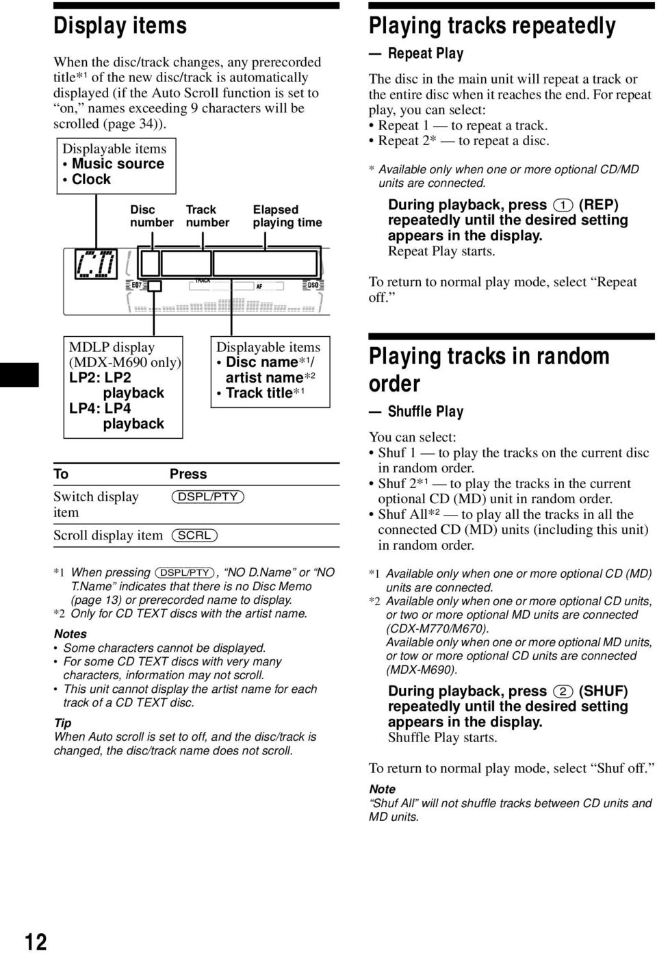 Displayable items Music source Clock Disc number Track number Elapsed playing time Playing tracks repeatedly Repeat Play The disc in the main unit will repeat a track or the entire disc when it