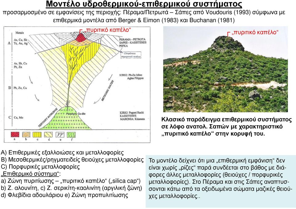 Α) Επιθερμικές εξαλλοιώσες και μεταλλοφορίες Β) Μεσοθερμικές/ρηγματειδείς θειούχες μεταλλοφορίες C) Πορφυρικές μεταλλοφορίες Επιθερμικό σύστημα : a) Ζώνη πυριτίωσης πυριτικό καπέλο ( silica cap ) b)