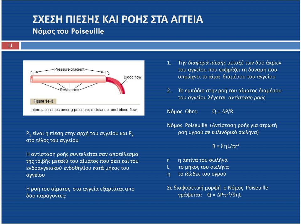 ροή υγρού σε κυλινδρικό σωλήνα) στο τέλος του αγγείου R = 8ηL/πr 4 Η αντίσταση ροής συντελείται σαν αποτέλεσμα της τριβής μεταξύ του αίματος που ρέει και του r η ακτίνα του σωλήνα