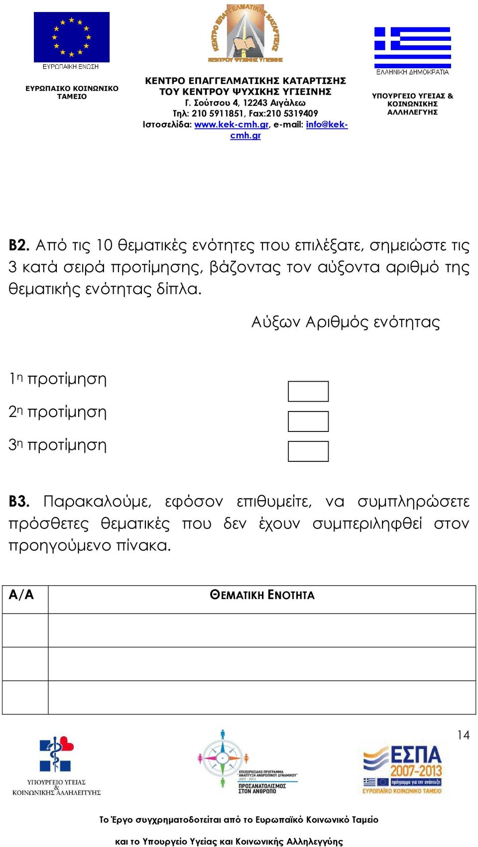 Αύξων Αριθμός ενότητας 1 η προτίμηση 2 η προτίμηση 3 η προτίμηση Β3.