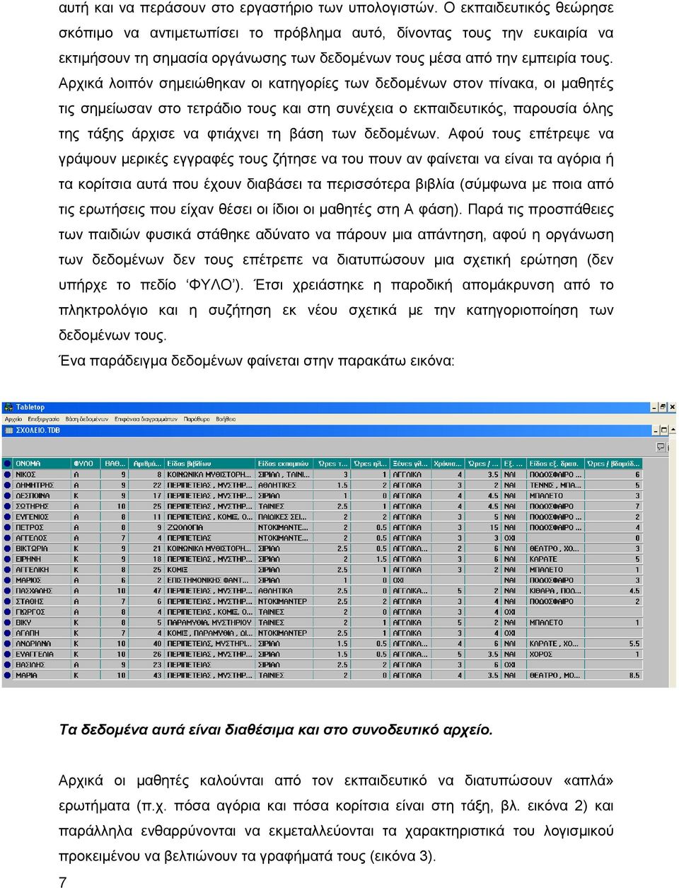 Αρχικά λοιπόν σημειώθηκαν οι κατηγορίες των δεδομένων στον πίνακα, οι μαθητές τις σημείωσαν στο τετράδιο τους και στη συνέχεια ο εκπαιδευτικός, παρουσία όλης της τάξης άρχισε να φτιάχνει τη βάση των