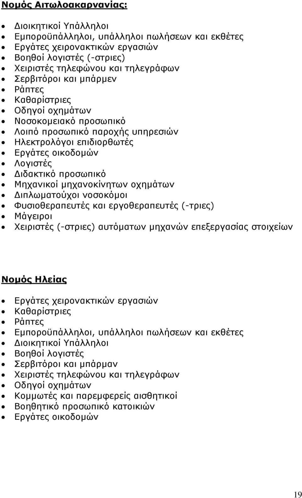 οχηµάτων ιπλωµατούχοι νοσοκόµοι Φυσιοθεραπευτές και εργοθεραπευτές (-τριες) Μάγειροι Χειριστές (-στριες) αυτόµατων µηχανών επεξεργασίας στοιχείων Νοµός Ηλείας Εργάτες χειρονακτικών εργασιών