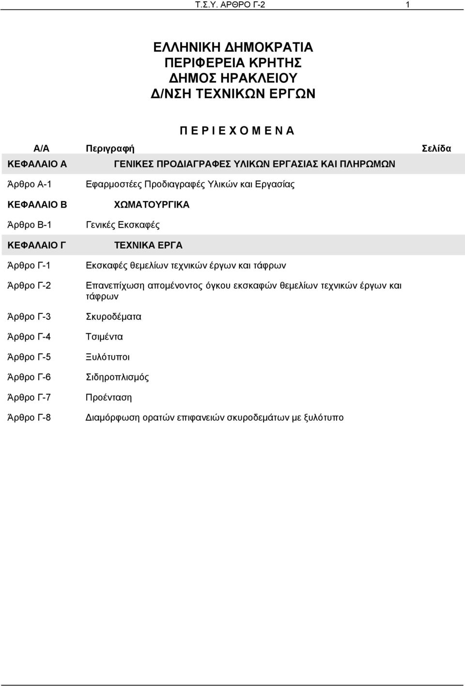 ΠΡΟΔΙΑΓΡΑΦΕΣ ΥΛΙΚΩΝ ΕΡΓΑΣΙΑΣ ΚΑΙ ΠΛΗΡΩΜΩΝ Άρθρο Α-1 ΚΕΦΑΛΑΙΟ Β Άρθρο Β-1 ΚΕΦΑΛΑΙΟ Γ Άρθρο Γ-1 Άρθρο Γ-2 Άρθρο Γ-3 Άρθρο Γ-4 Άρθρο Γ-5 Άρθρο Γ-6 Άρθρο Γ-7