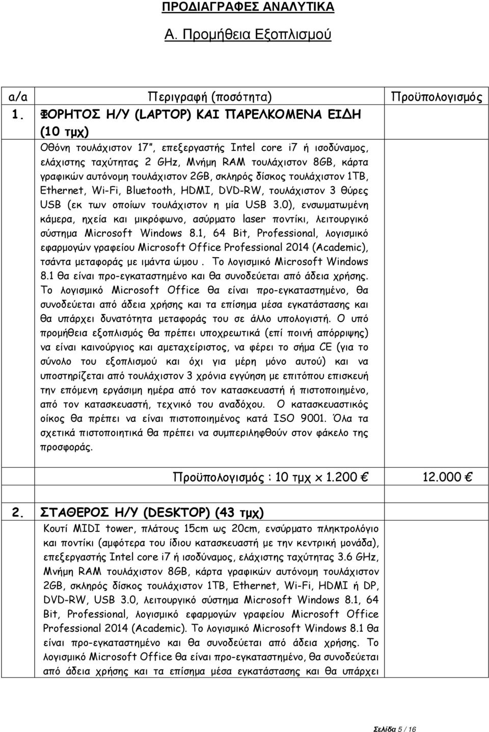 τουλάχιστον 2GB, σκληρός δίσκος τουλάχιστον 1TB, Ethernet, Wi-Fi, Bluetooth, HDMI, DVD-RW, τουλάχιστον 3 θύρες USB (εκ των οποίων τουλάχιστον η μία USB 3.