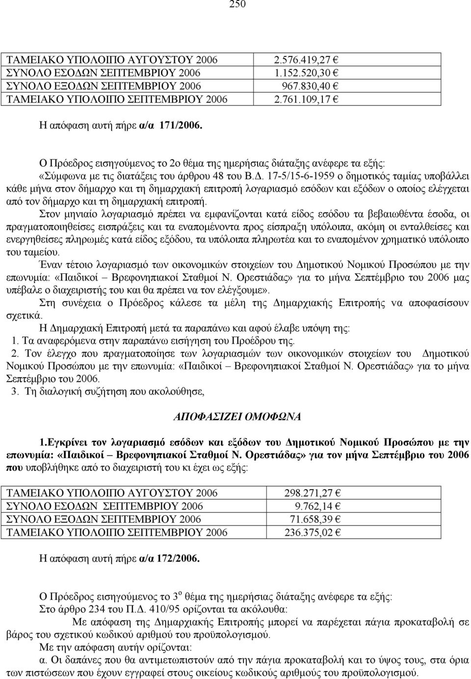 17-5/15-6-1959 ο δημοτικός ταμίας υποβάλλει κάθε μήνα στον δήμαρχο και τη δημαρχιακή επιτροπή λογαριασμό εσόδων και εξόδων ο οποίος ελέγχεται από τον δήμαρχο και τη δημαρχιακή επιτροπή.