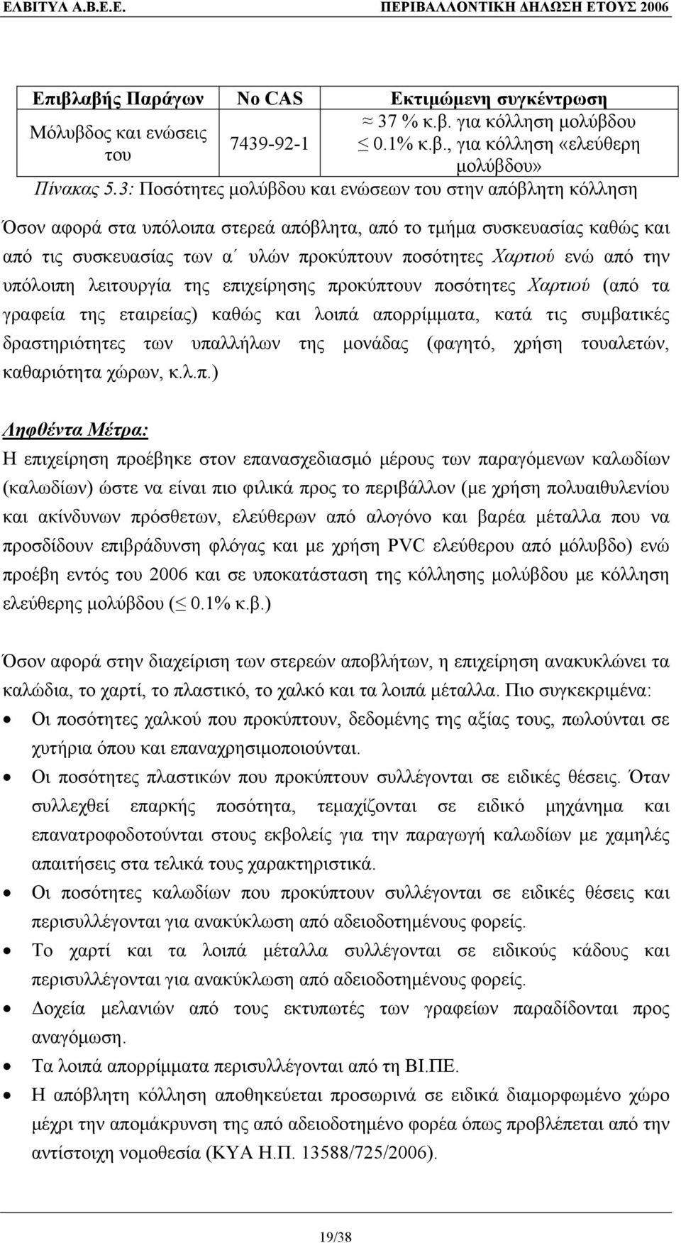 από την υπόλοιπη λειτουργία της επιχείρησης προκύπτουν ποσότητες Χαρτιού (από τα γραφεία της εταιρείας) καθώς και λοιπά απορρίμματα, κατά τις συμβατικές δραστηριότητες των υπαλλήλων της μονάδας