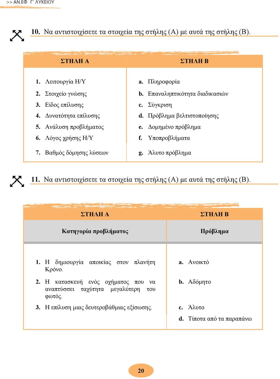 Βαθμός δόμησης λύσεων g. Άλυτο πρόβλημα 11. Nα αντιστοιχίσετε τα στοιχεία της στήλης (Α) με αυτά της στήλης (Β). ΣΤΗΛΗ Α Κατηγορία προβλήματος ΣΤΗΛΗ Β Πρόβλημα 1.