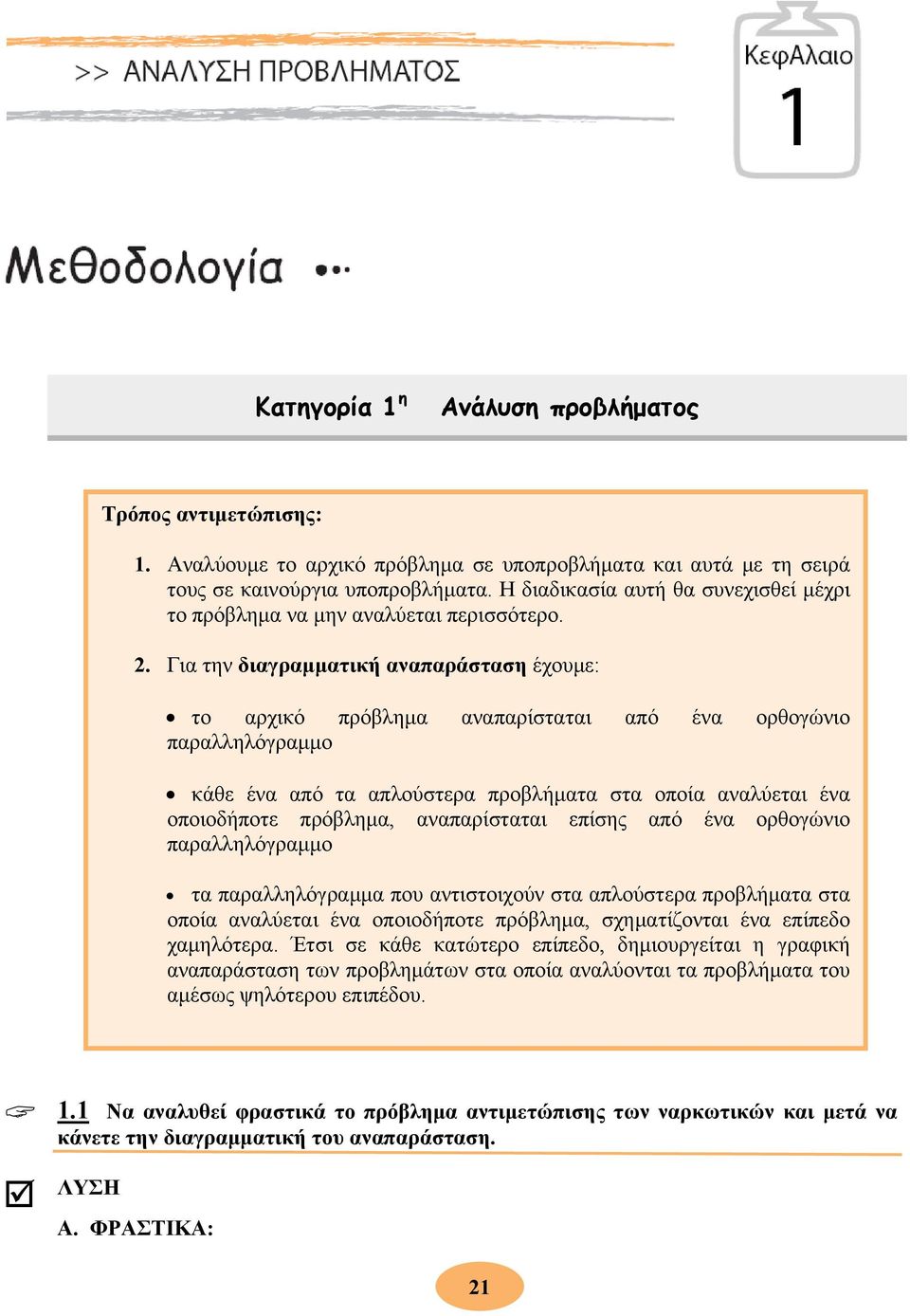 Για την διαγραμματική αναπαράσταση έχουμε: το αρχικό πρόβλημα αναπαρίσταται από ένα ορθογώνιο παραλληλόγραμμο κάθε ένα από τα απλούστερα προβλήματα στα οποία αναλύεται ένα οποιοδήποτε πρόβλημα,