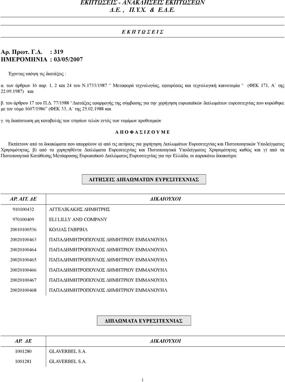 . 77/1988 ιατάξεις εφαρµογής της σύµβασης για την χορήγηση ευρωπαϊκών διπλωµάτων ευρεσιτεχνίας που κυρώθηκε µε τον νόµο 1607/1986 (ΦΕΚ 33, Α της 25.02.1988 και γ.